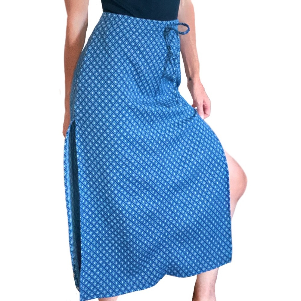 Rave 4 Real Vintage Blue Geometric Print High Rise Double Slit Midi Skirt